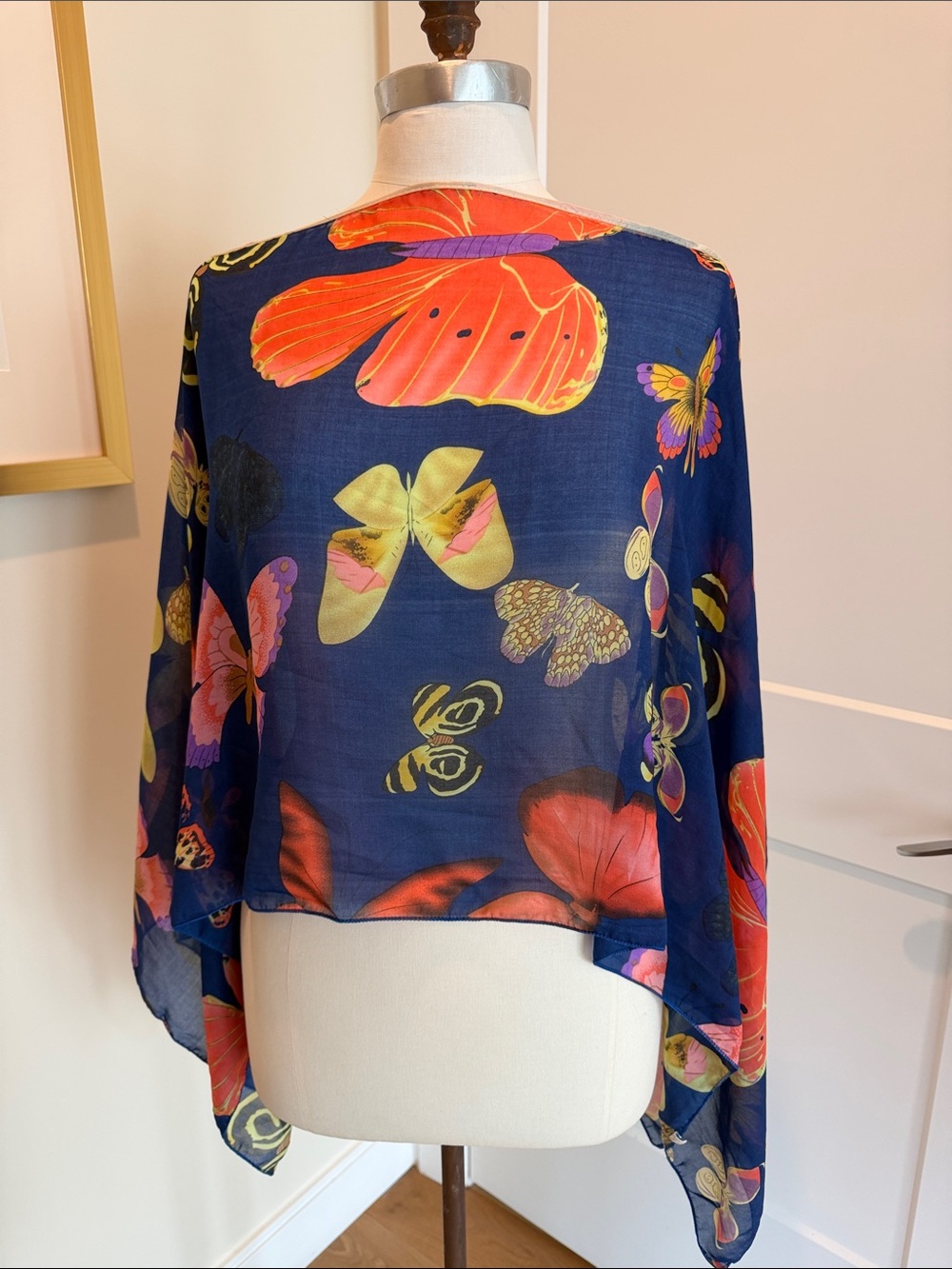 Sheer Butterfly Print Kimono Kaftan Top - Vibrant Multicolor Butterflies